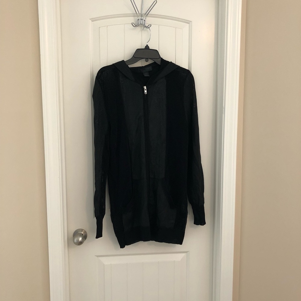 Factory knitted zip up leather look hoodie crochet